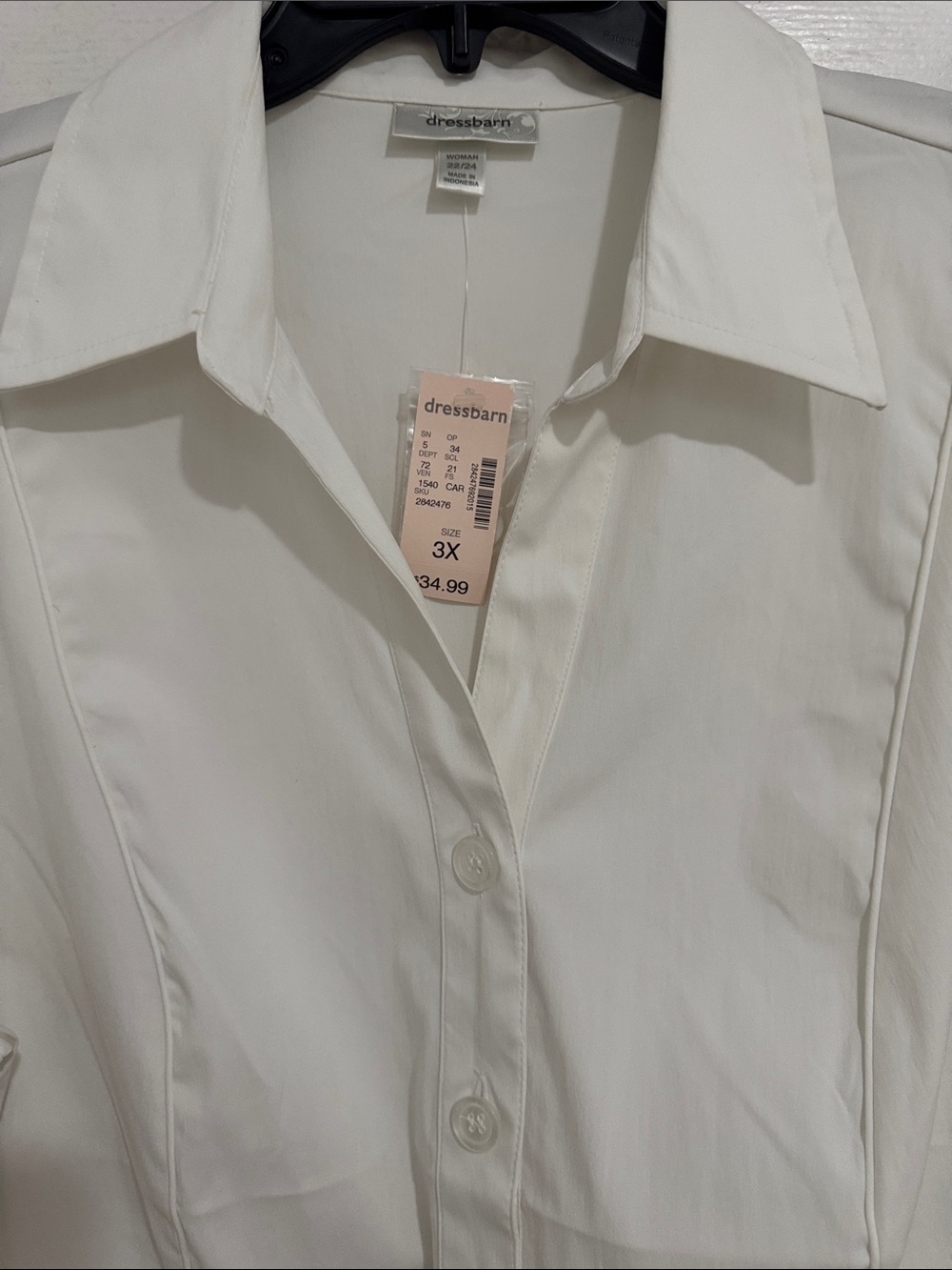 dressbarn Plus Women Straight White Button-Fronte Shirt 3/4 Sleeves 3XL BWT